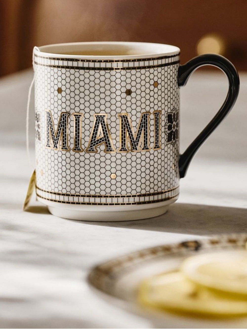 Anthropologie Miami Bistro Tile Stoneware 24k Gold Accent Jetsetter Mug NIB